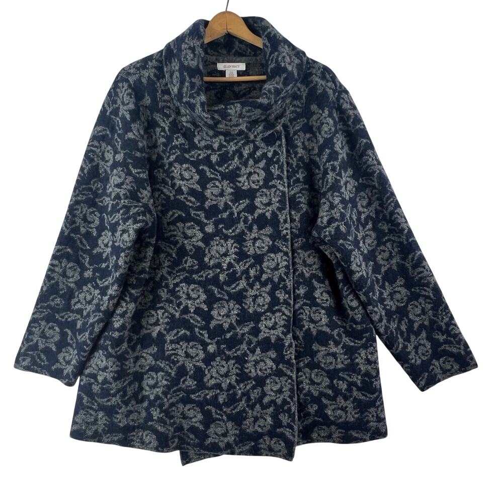 Ellen Tracy Womens SZ 3X Navy Gray Floral Intarsia Wool Blend Cardigan
